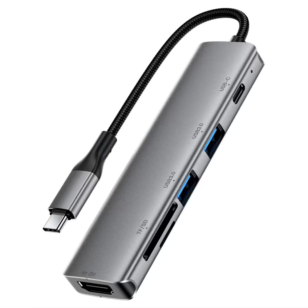 Док-станція  хаб USB-C Hub AceFast J18 6-в-1 (2xUSB 3.0 + USB-C PD90W + HDMI 4K + SD/TF) Алюміній — Сірий